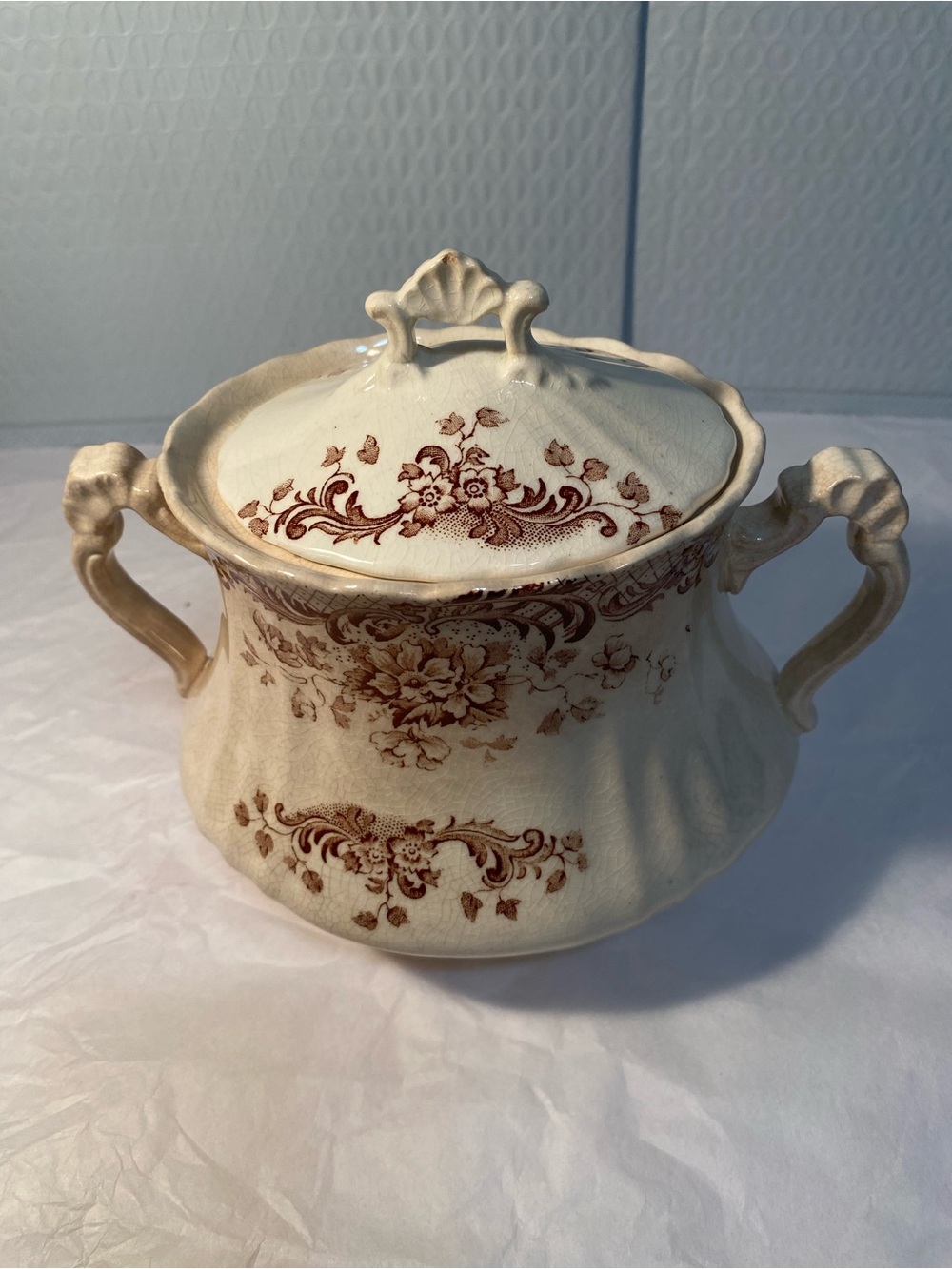 Vintage Floral Covered Sugar Bowl - Cream with Brown Floral